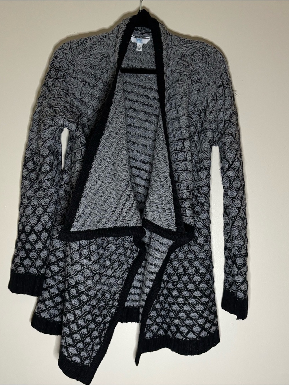 Time and Tru Gray and Black Quilted Open-Front Cardigan Sweater Size XL